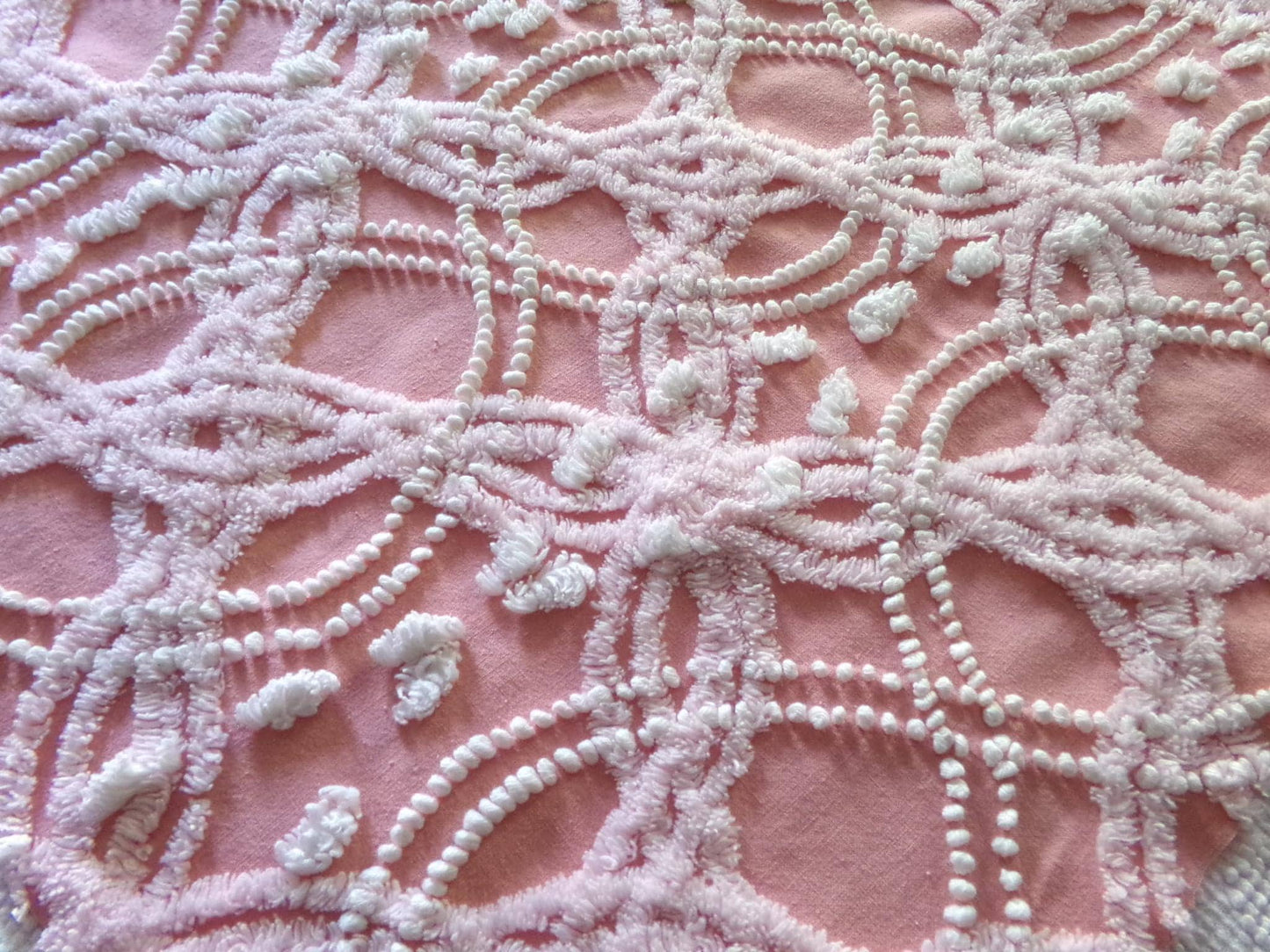 rose pink vintage chenille fabric, infinity links & pearl pops design 21" x 22"