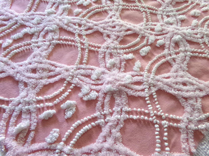rose pink vintage chenille fabric, infinity links & pearl pops design 21" x 22"