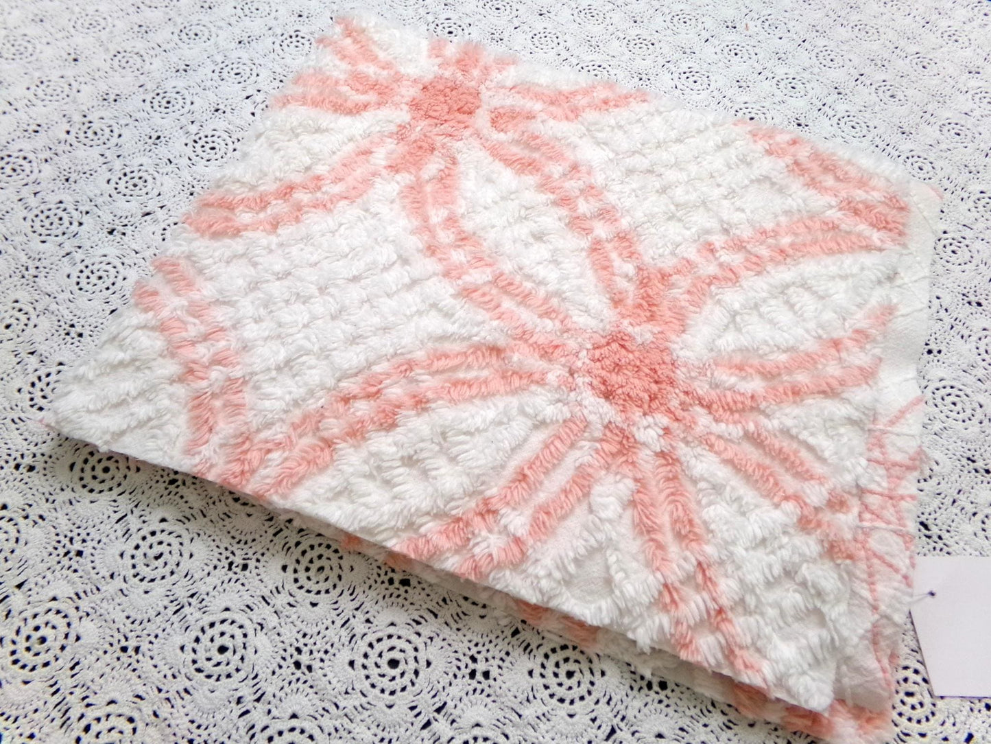 summer peach vintage chenille bedspread fabric white geometric quilt material 20x25"