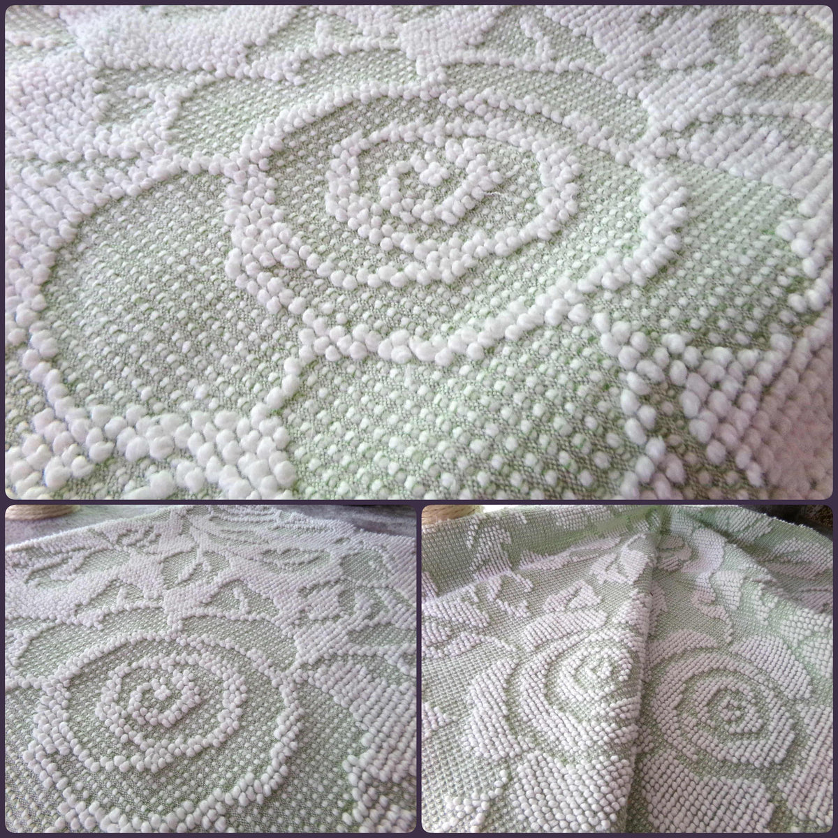 Vintage Sage Green Chenille Fabric, White Cabbage Rose 25x30" Pc