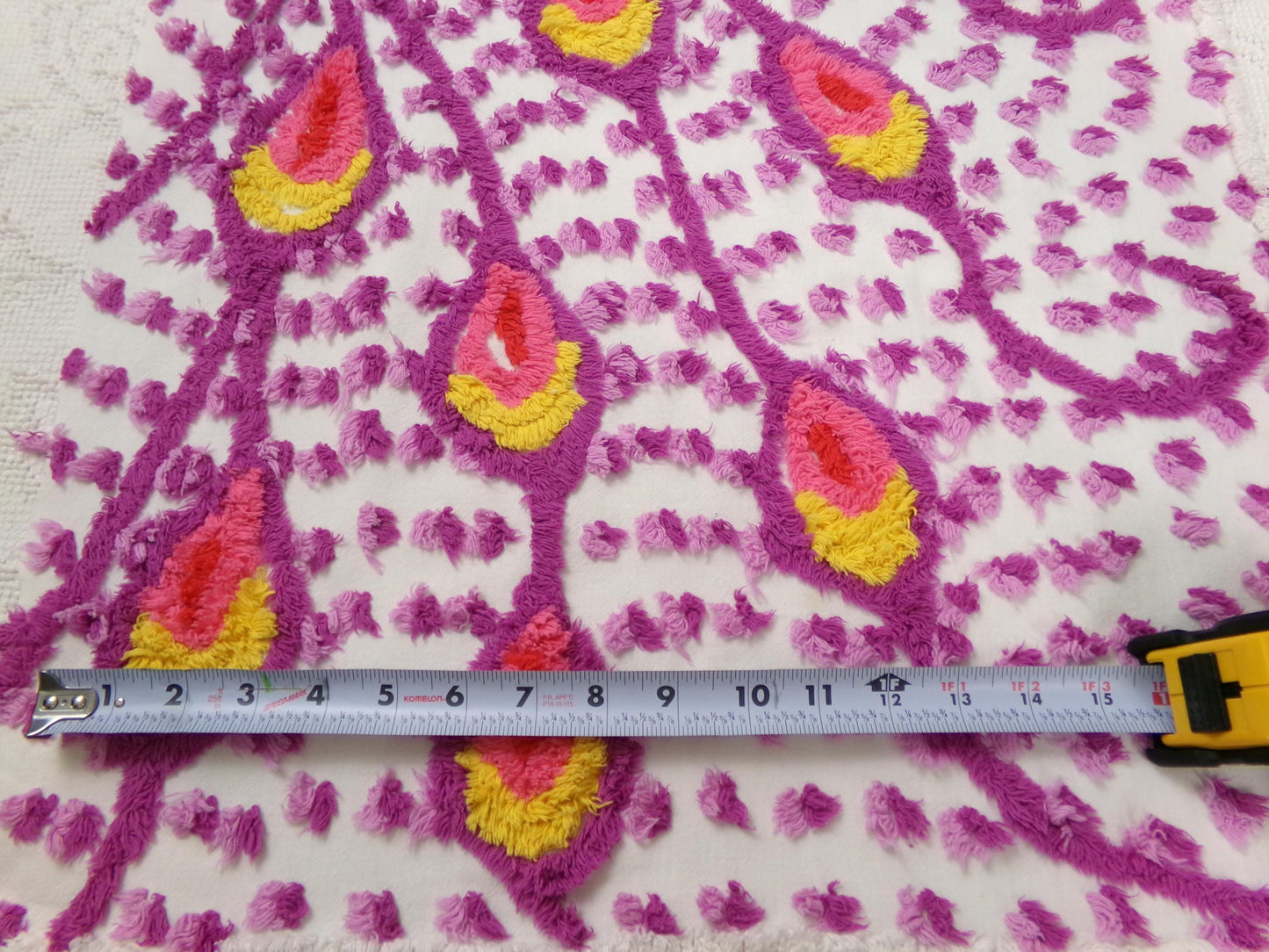 bold dimensional peacock feathers vintage chenille bedspread fabric 20" x 20"