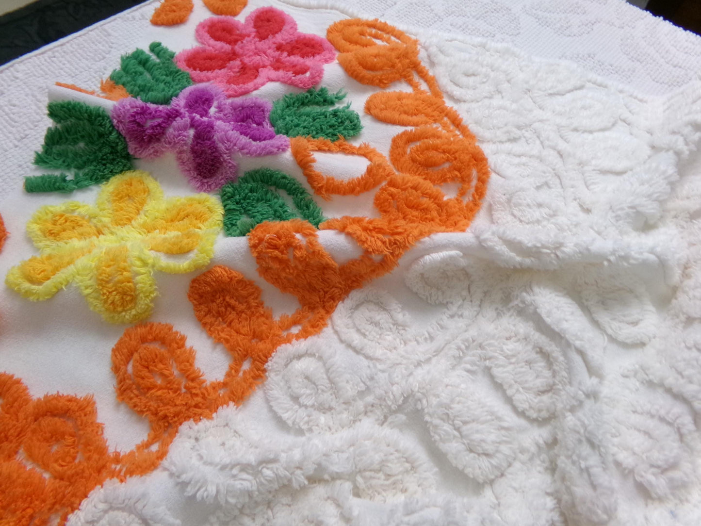 orange & white vintage chenille bedspread fabric, abstract swirl floral design, 25" x 23"