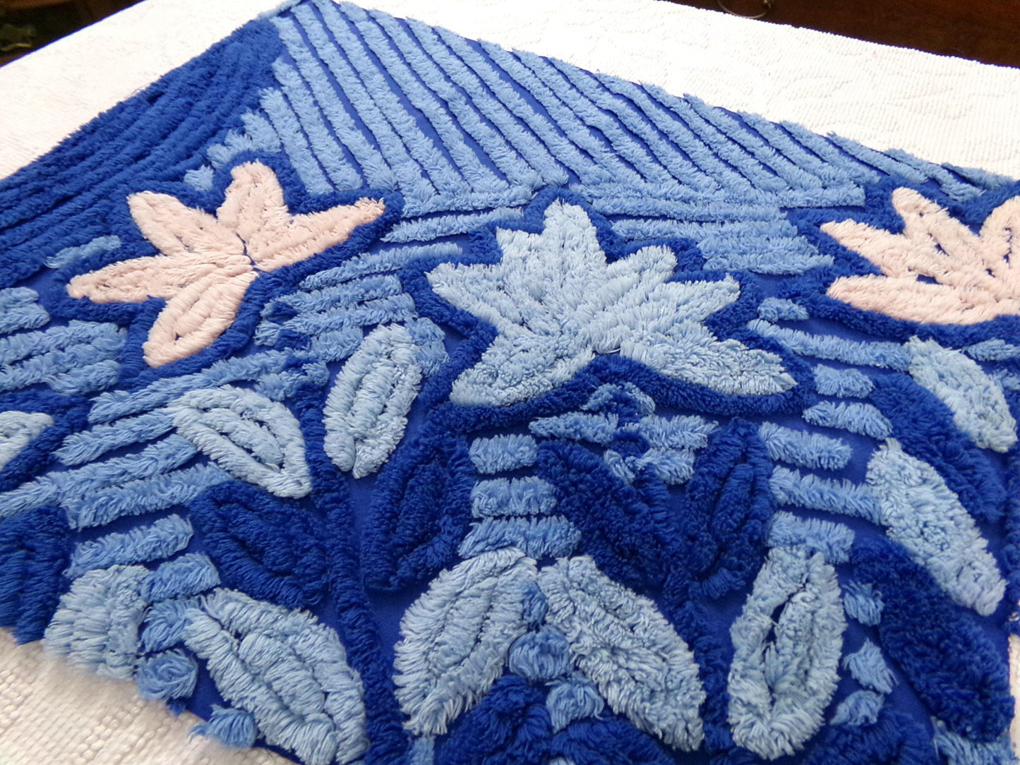 Midnight Blue Vintage Chenille Fabric, dramatic floral sewing craft quilt material, 18" x 22" piece