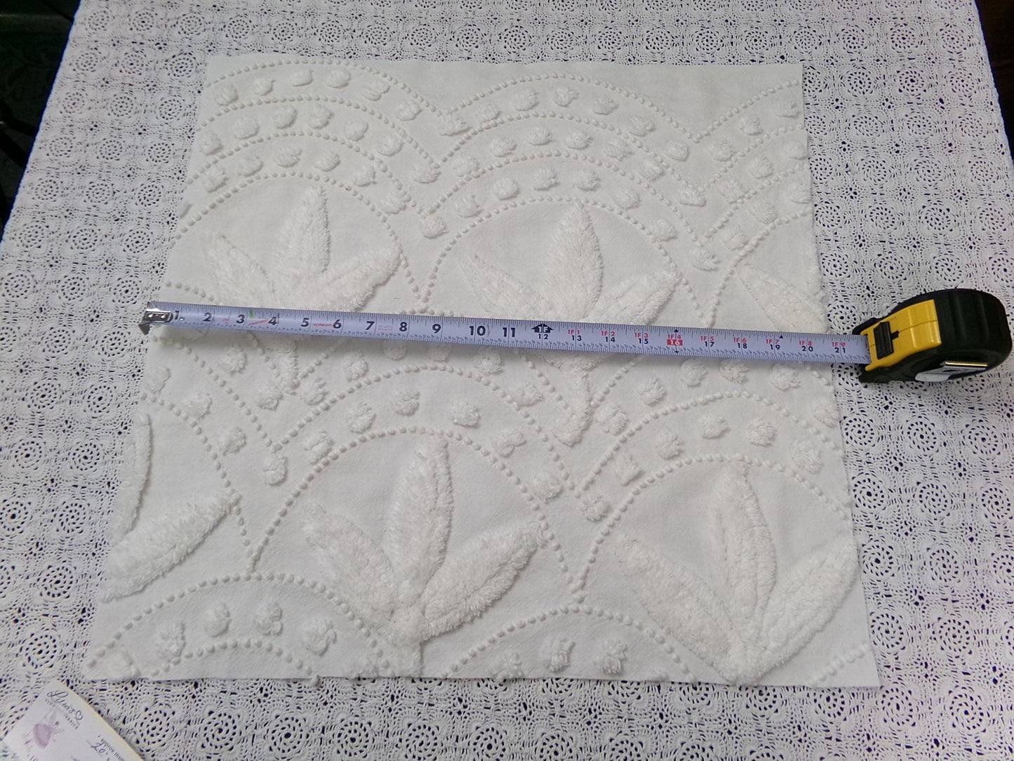 Dainty Vintage Chenille Fabric, Creamy Botanical Leaf Pearl Dots, 20x20" Piece