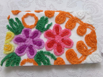 citrus floral vintage chenille bedspread fabric, orange & white quilt material, 16" x 25"