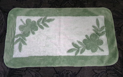 Vintage Green Chenille Rug, Shabby Botanical Leaf Cotton Accent Mat 21.5" x 39.5"