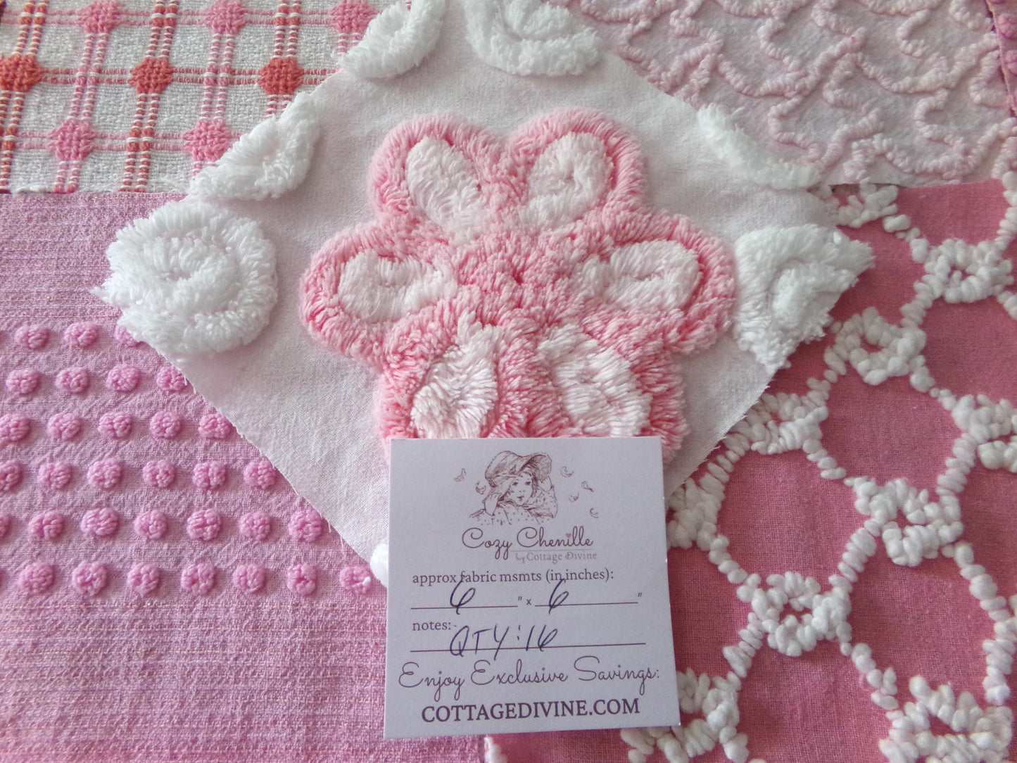 Pink *Strawberry Shortcake* Colors Vintage Chenille Fabric Squares, Set of 17 Adorable 6" Quilt Blocks for Quilting, Sewing