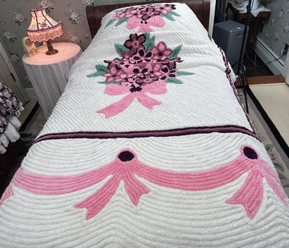 Heirloom Vintage Chenille Bedspread, Plush Full Floral Bouquet & Bow Swag Design