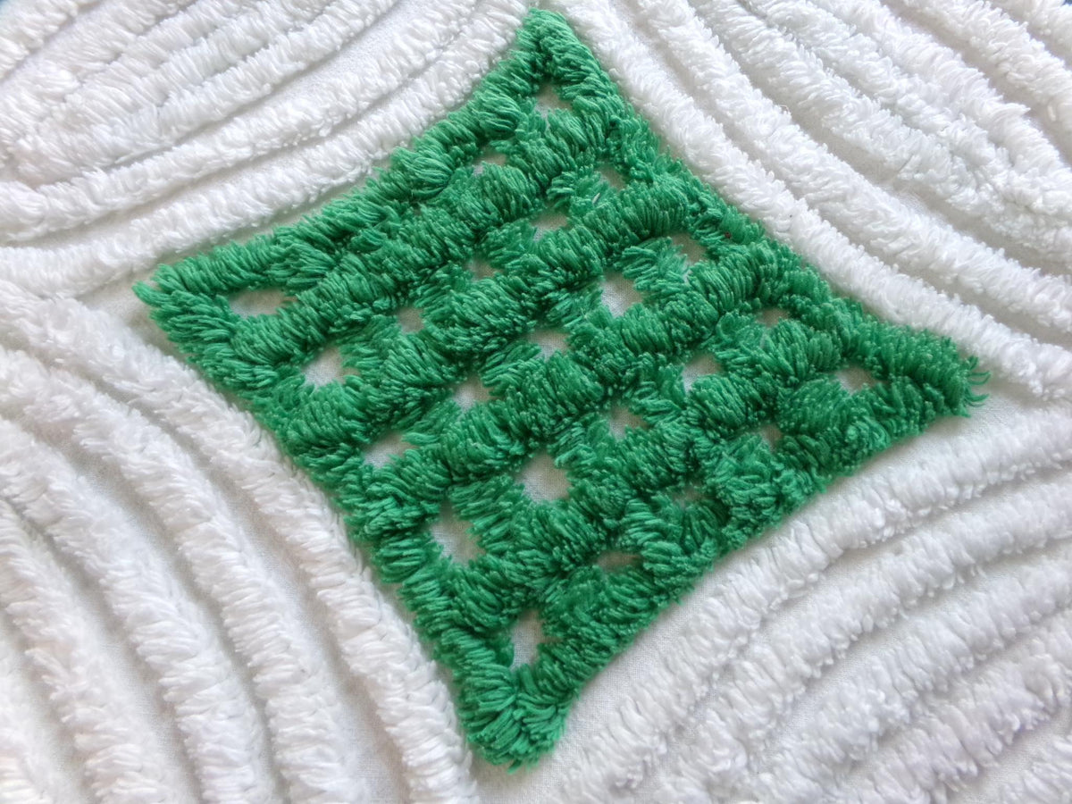 Vintage Chenille Bedspread Fabric, Preppy Kelly Green White Geometric, 20x23"