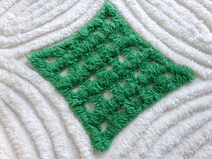 Vintage Chenille Bedspread Fabric, Preppy Kelly Green White Geometric, 20x23"