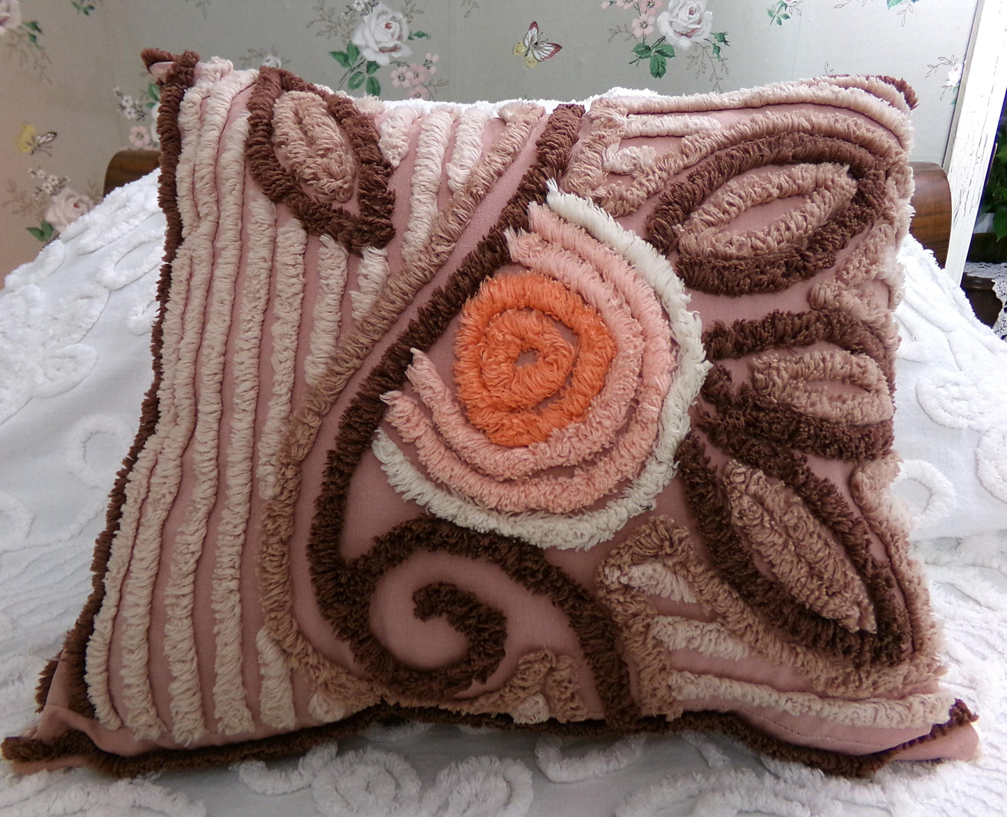 Sunset Rose Boho Vintage Chenille Pillow Cover & Insert, 13" x 14" inches, Handmade Decorative Accent Pillow, Hippie Home Decor