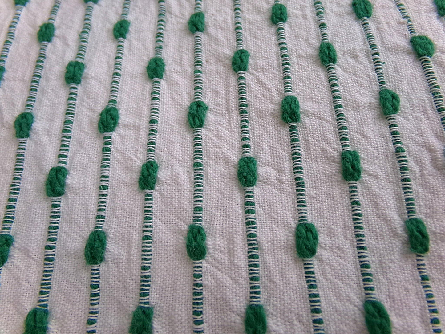 preppy kelly green textured fabric piece, vintage chenille raindrop dots on white woven cotton, great in quilts, xmas stockings, 20" x 25"