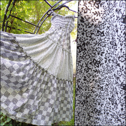 Vintage Prairie Dress Black White Maxi 1970s Sundress Micro Butterfly S