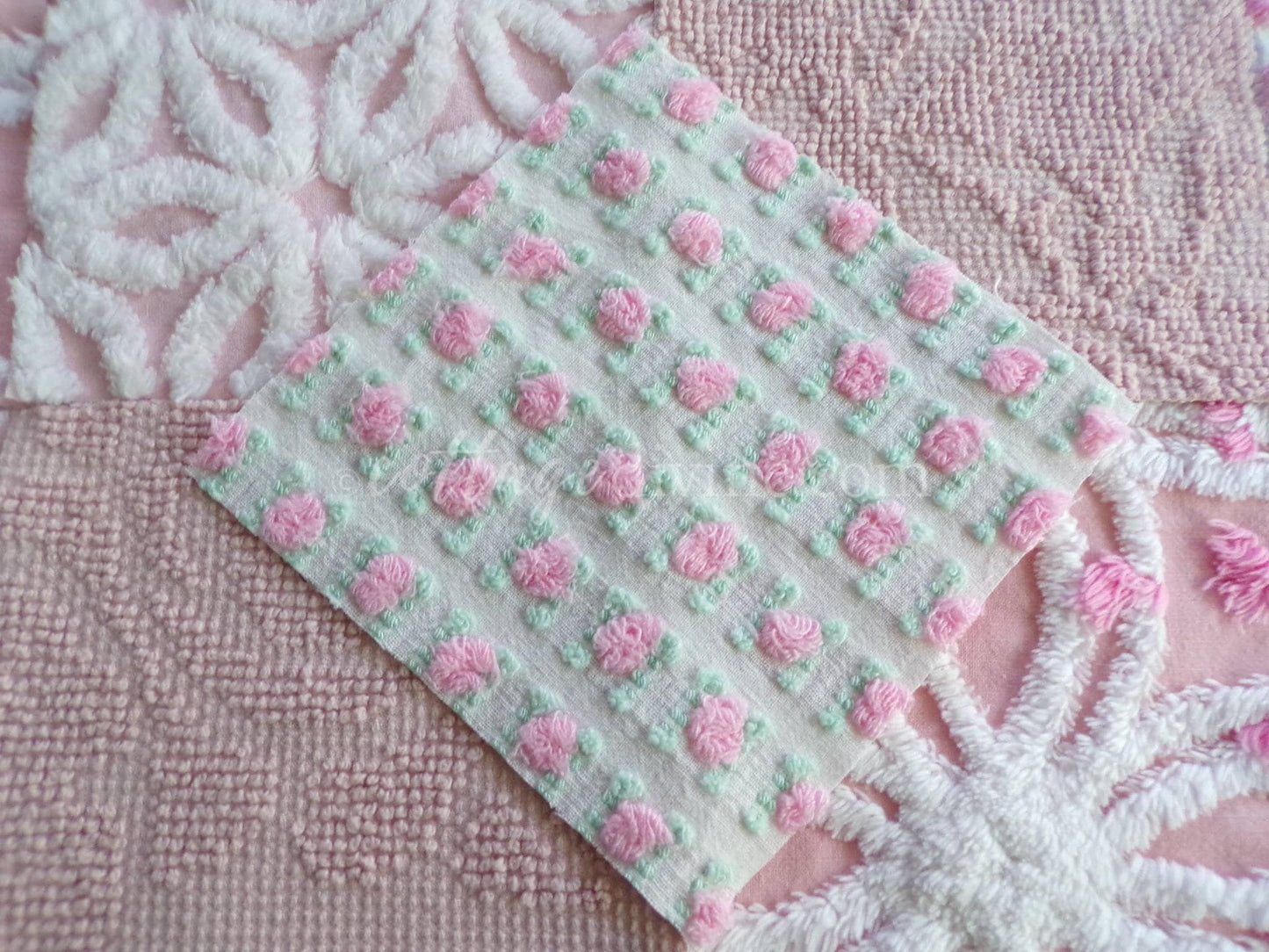 angel pink vintage chenille fabric squares, rosebuds, daisy patterns, set of 16 quilt blocks, 6" x 6" each, pretty in patchwork pillows