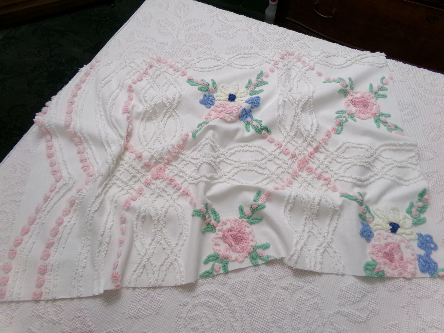 Shabby Wildflowers Vintage Chenille Fabric, pink rose floral sewing material, 20" x 32"