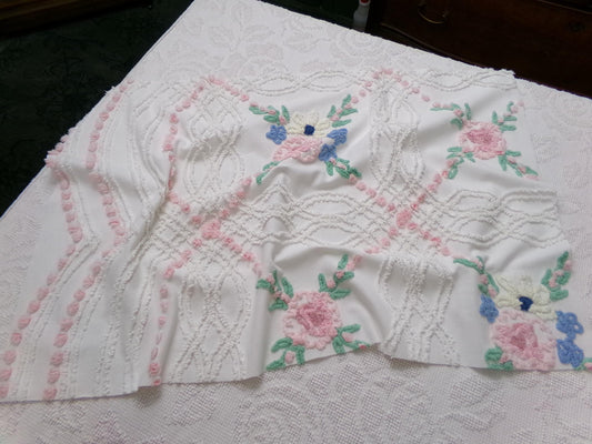 Shabby Wildflowers Vintage Chenille Fabric, pink rose floral sewing material, 20" x 32"