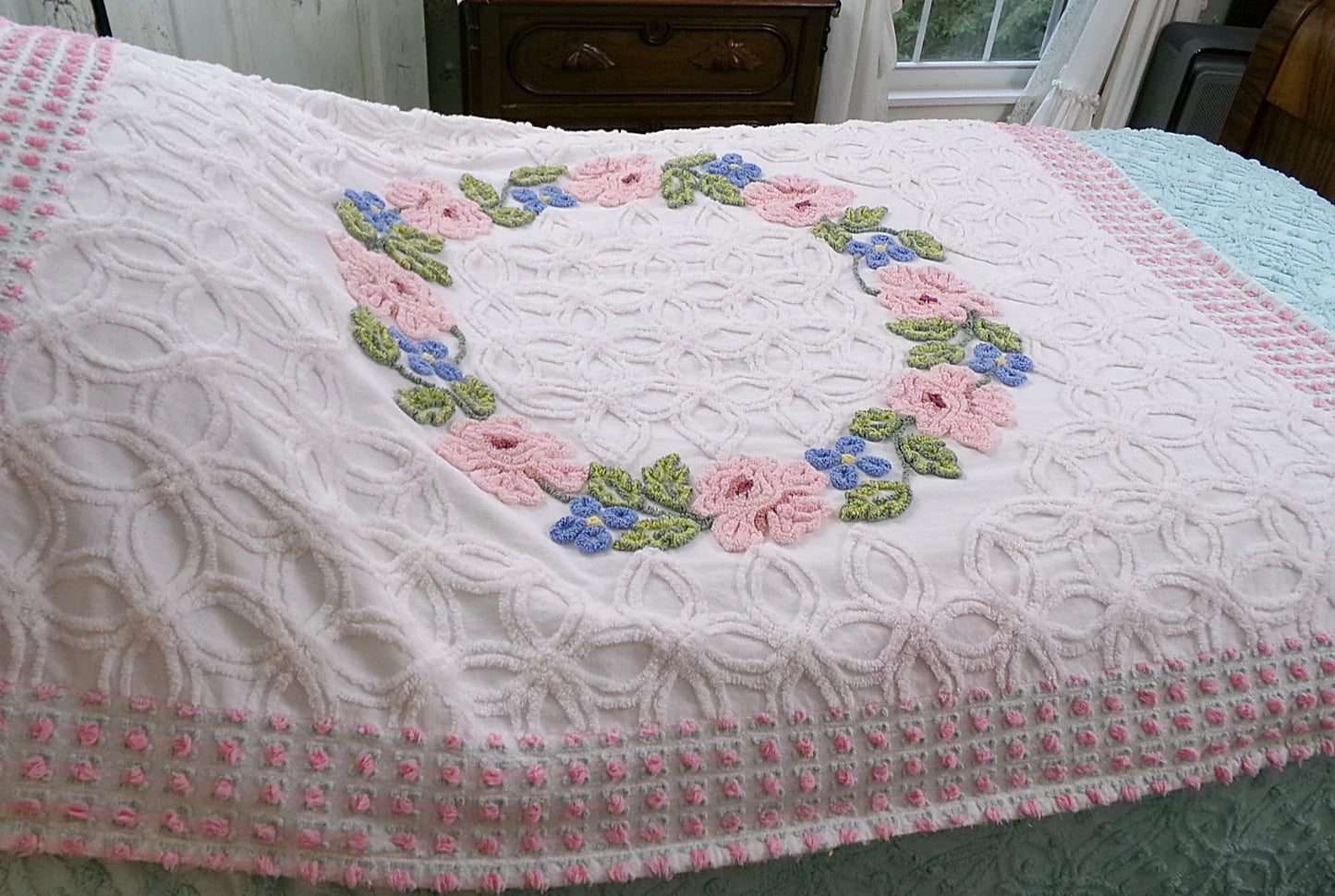 Vintage Floral Quilt Handmade from Shabby Chenille Bedspread Fabrics 52x45.5"
