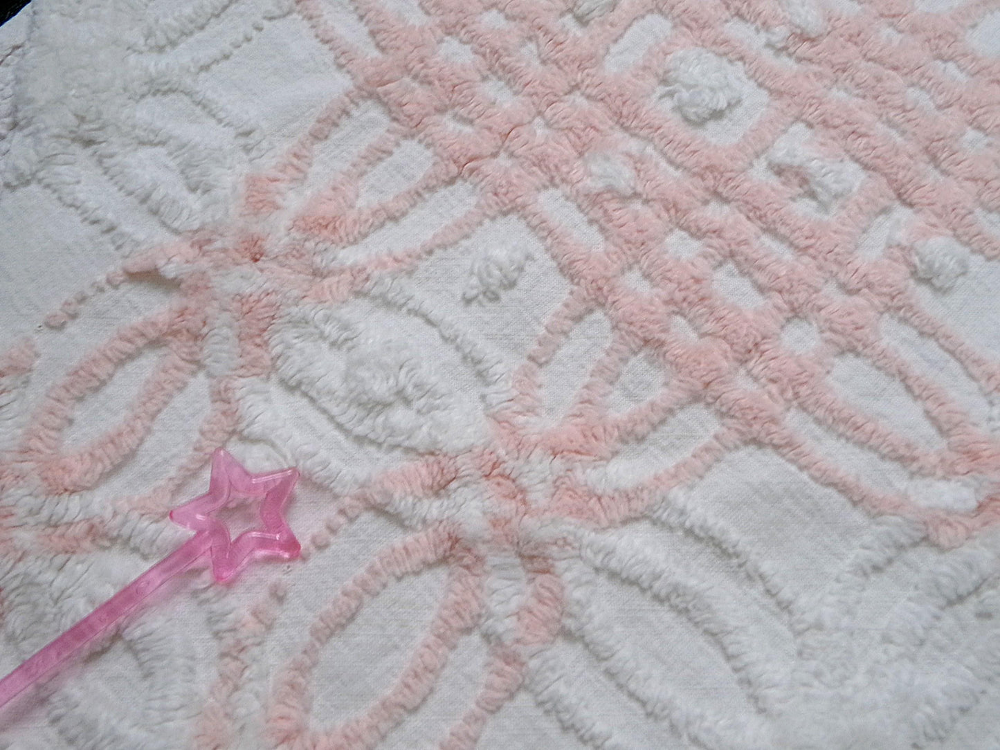 Pink & White Vintage Chenille Fabric, geometric craft quilt material, 27" x 19"