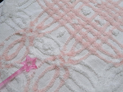 Pink & White Vintage Chenille Fabric, geometric craft quilt material, 27" x 19"