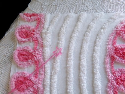 pink heart vintage chenille fabric, shabby cute rose trio on white, 24" x 23" piece of sewing material for pillows, quilts, wall hanging
