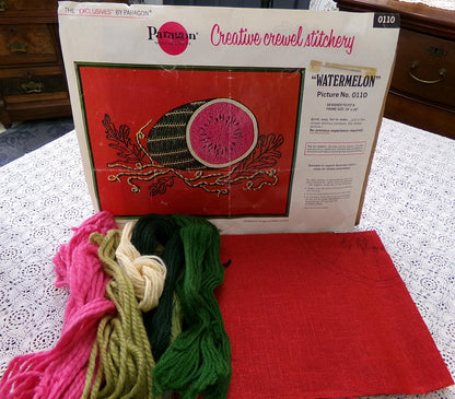 WATERMELON Crewel Embroidery Kit, Vintage Paragon Needlecraft 0110, Kitschy Wall Art