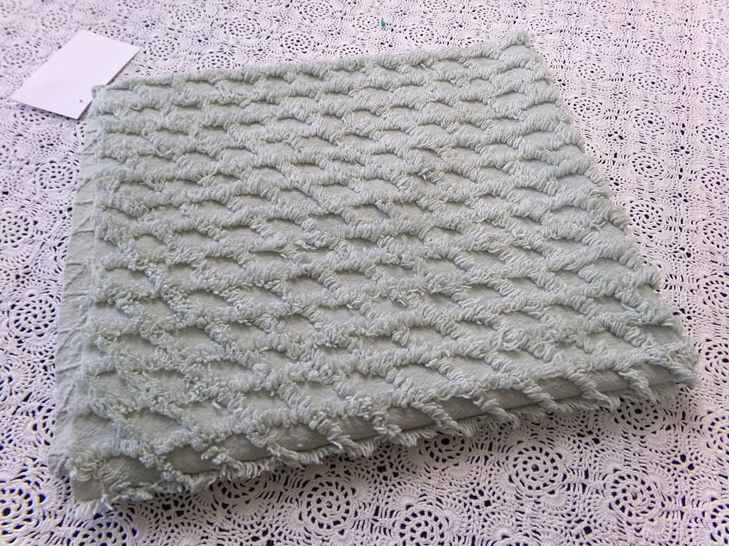 Calming Sage Vintage Chenille Bedspread Fabric Green Diamond Lattice 20x24"