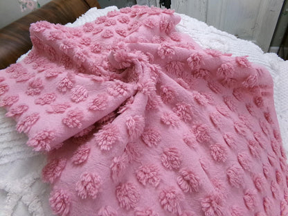 Pink Puffer Pops Vintage Chenille Fabric, Windswept Bobble Tufts, 18x24"