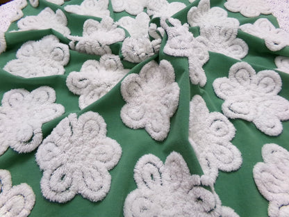 Green White Daisy Vtg Chenille Bedspread Fabric 23x24 Pc Antique Sewing Material