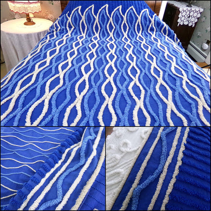 blue flame vintage chenille bedspread, dramatic unique geometric design, full size cotton bedding