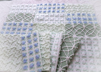 coastal wanderings vintage chenille fabric squares, 16 vintage 6" quilt blocks in natural green & white for sewing, crafts, fiber arts