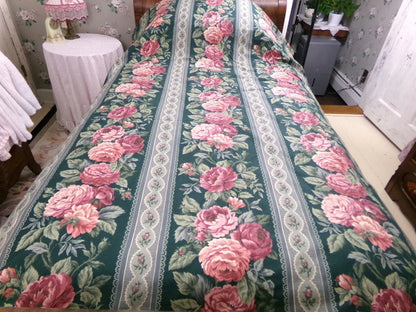 Vintage Rose Curtain Drapery Panel, Deep Green Lined SINGLE Window Drape 82"L