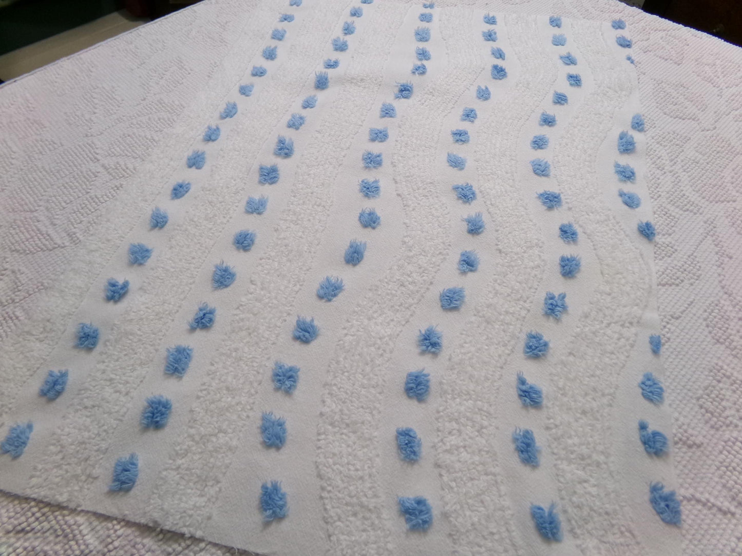 Vintage Chenille Fabric Piece, Shabby Lightweight Blue & White Wave Dots, 16" x 23"