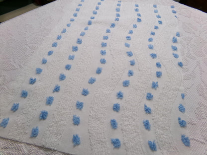 Vintage Chenille Fabric Piece, Shabby Lightweight Blue & White Wave Dots, 16" x 23"
