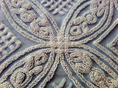 Shabby Chic Vintage Fabric, Porcelain White Rose Floral Chenille on Cloud Blue Cotton, 24" x 30" inch Piece, So Pretty in Pillows & Quilts