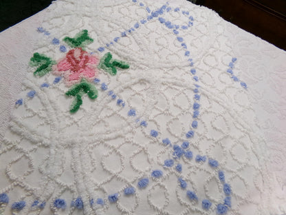 shabby cottage vintage chenille fabric, pink rose quilt material, 22" x 25" piece