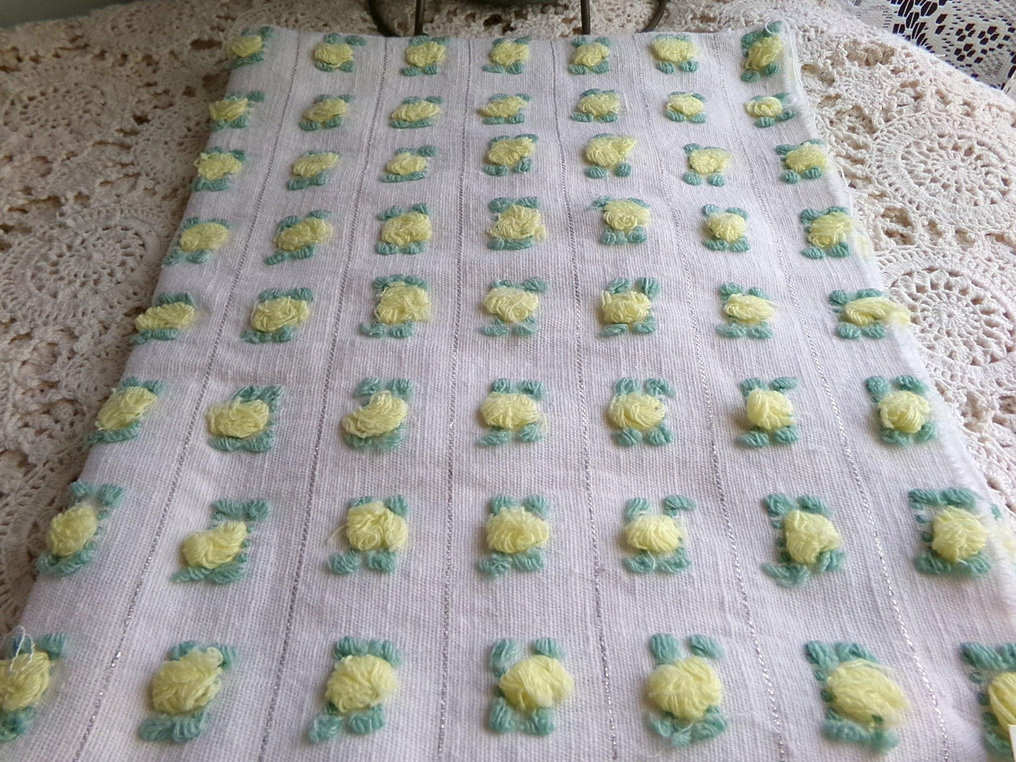 vibrant yellow rosebud vintage chenille fabric, Bates rose design silver lurex 18" x 21" piece
