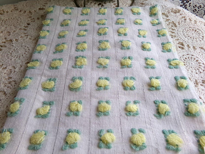 vibrant yellow rosebud vintage chenille fabric, Bates rose design silver lurex 18" x 21" piece