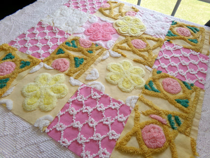 vintage chenille fabric squares, "secret garden" set of 16 floral 6" quilt blocks in yellow, rose pink, gold
