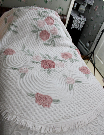 luxurious plush tufted chenille bedspread, muted natural roses, thick white grids, swags & accent fringe, vintage twin size cottage bedding