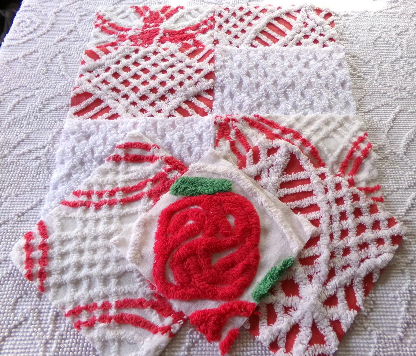 vintage chenille fabric squares, set of 8 red & white 7.5" vintage quilt blocks for sewing, Christmas crafts, quilting