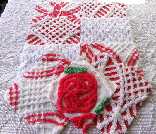 vintage chenille fabric squares, set of 8 red & white 7.5" vintage quilt blocks for sewing, Christmas crafts, quilting