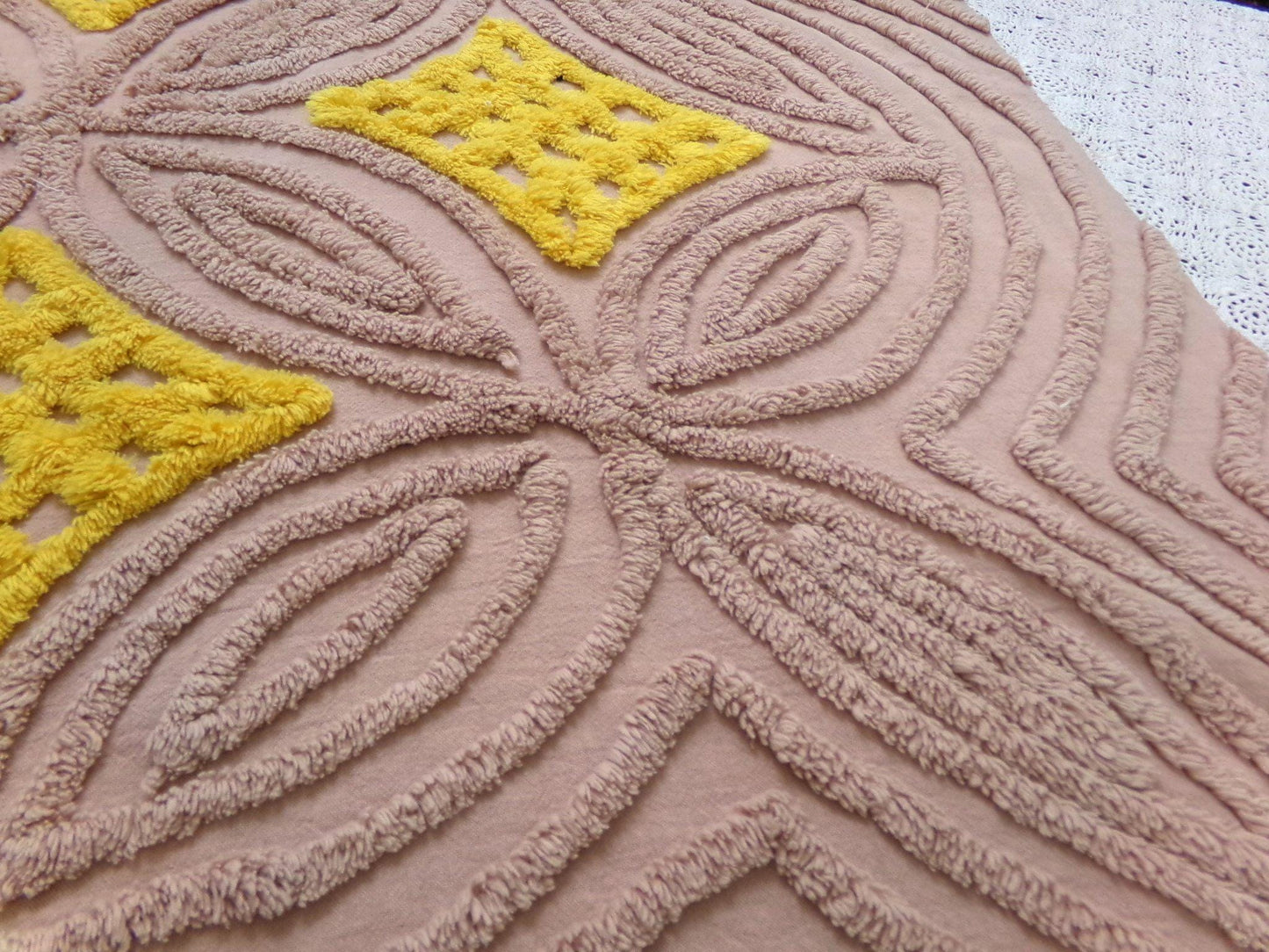 earthy energetic vintage chenille bedspread fabric, 25" x 22" geometric design