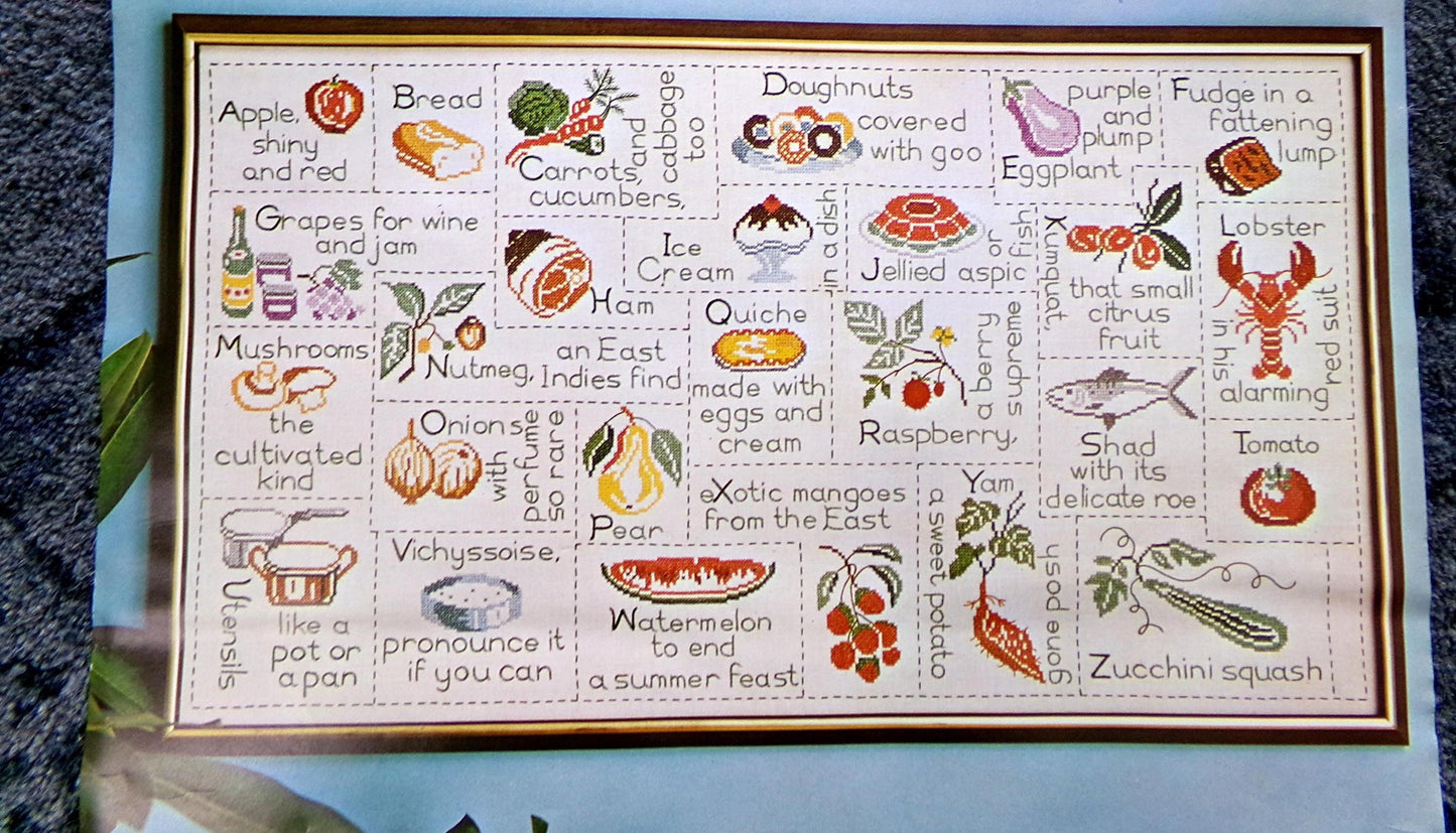 Fun Foodie GOURMET ALPHABET SAMPLER Embroidery Vintage Paragon 0653 Kitschy Kitchen Stitchery Kit