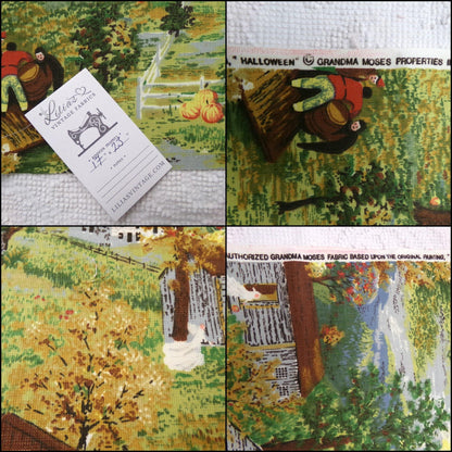 Grandma Moses HALLOWEEN Vintage Barkcloth Fabric, Midcentury Rustic Spooky Scene, 17" x 23"