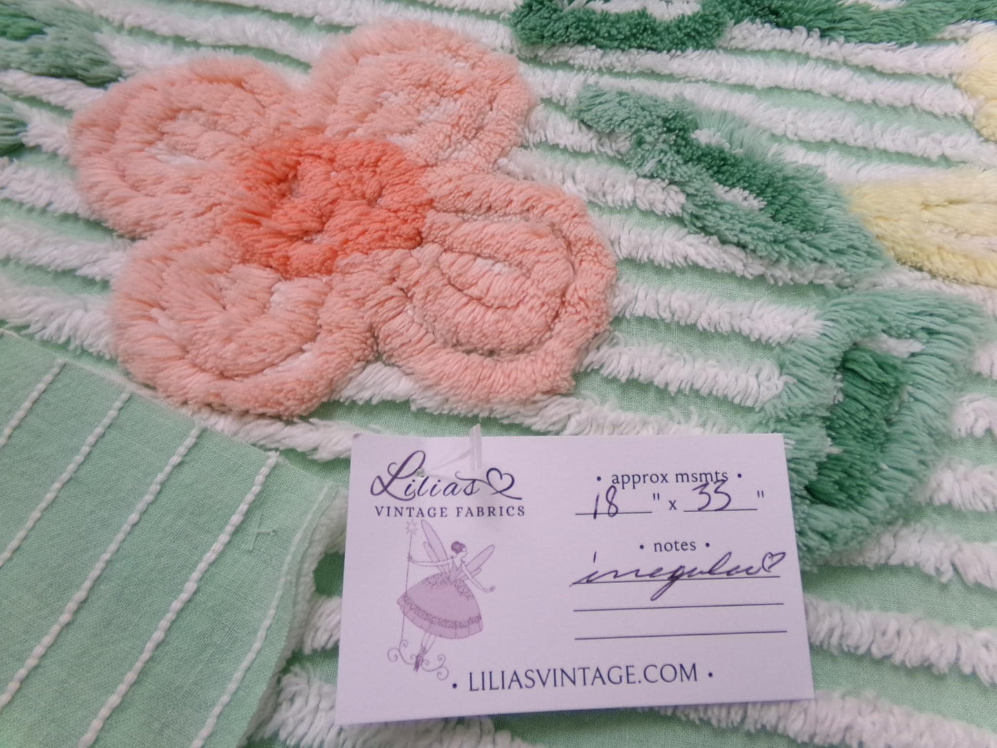 Mint Green Floral Vintage Chenille Bedspread Fabric Piece 18x33"