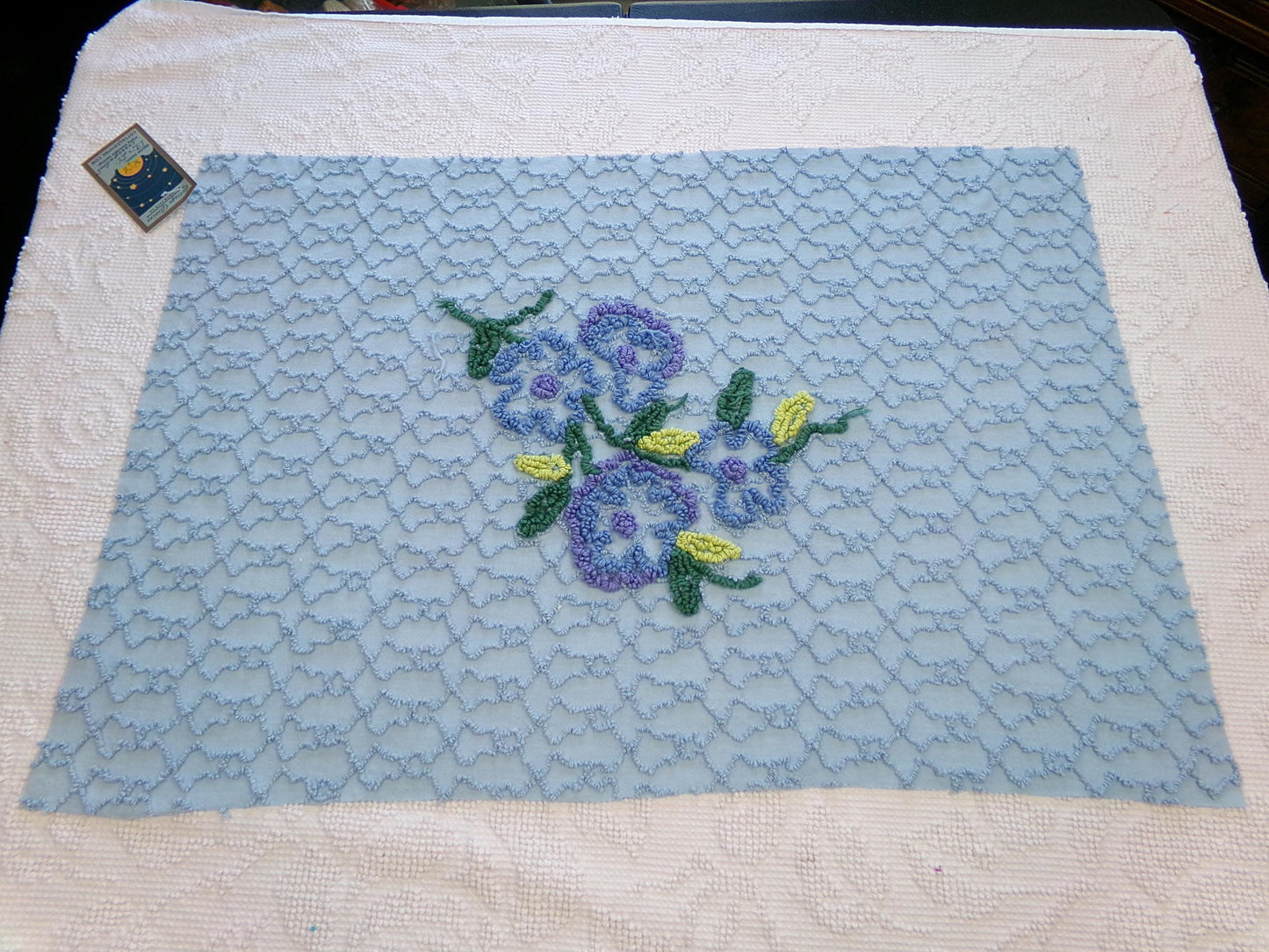 Quiet Midnight Blue Vintage Chenille Fabric, Floral 16" x 24" Piece w/ unique chain link design