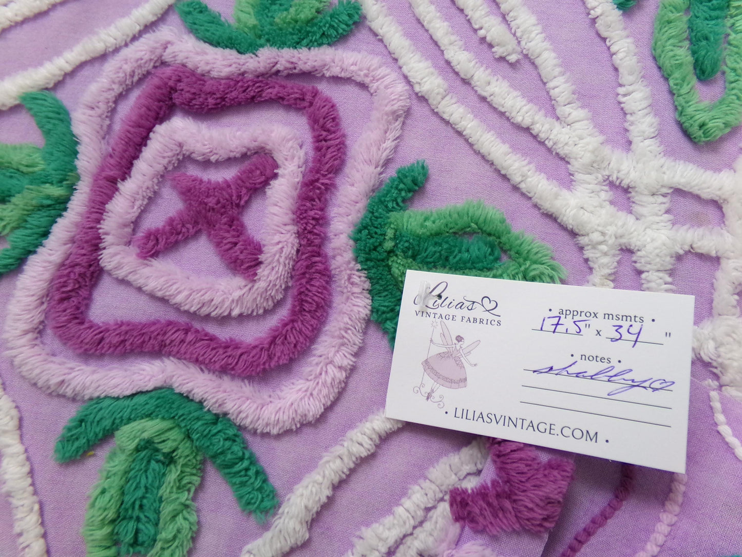 Vintage Chenille Bedspread Fabric Lilac Cabbage Roses 17.5 x 34" Cottage Quilt Sewing Material