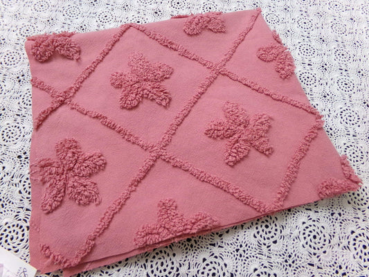 Vintage Chenille Fabric Dusty Rose Pink Tufted Floral Diamond Lattice Pattern 19x23"