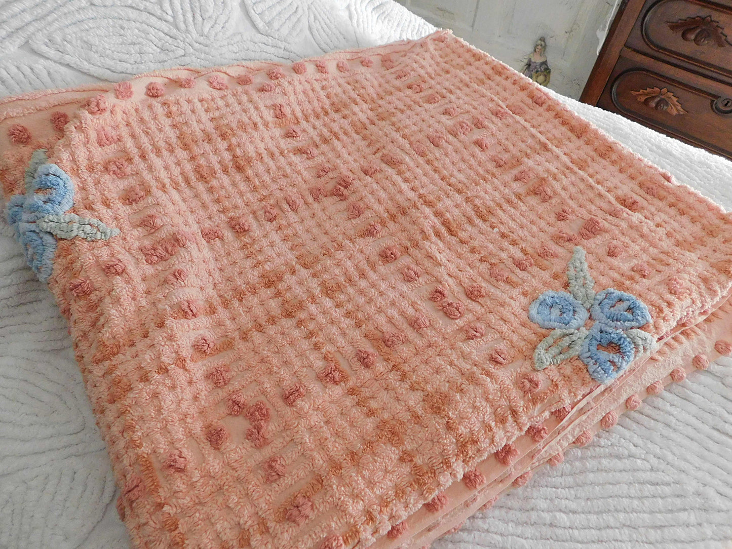 cozy plush plaid vintage chenille bedspread, blue roses on peach geometric design, full size cotton bedding