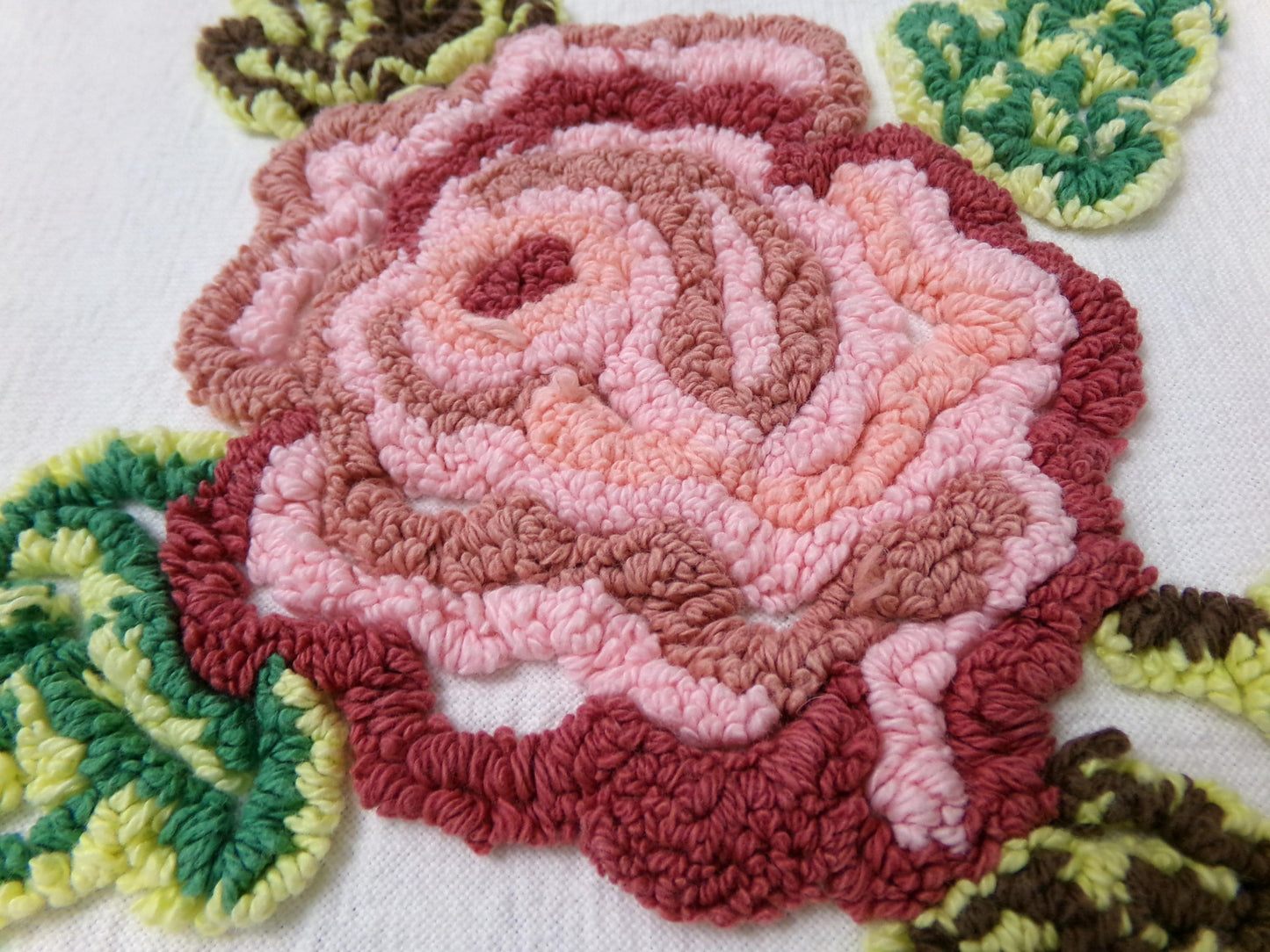 Cottage Pink Rose Vintage Chenille Fabric Shabby Scrollwork Sewing Quilt Material 27" x 24"